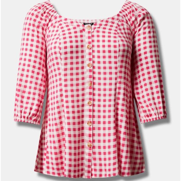 Torrid Fit & Flare Rayon Slub Button Up 3/4 Sleeve Pink Gingham Top - Picture 5 of 14